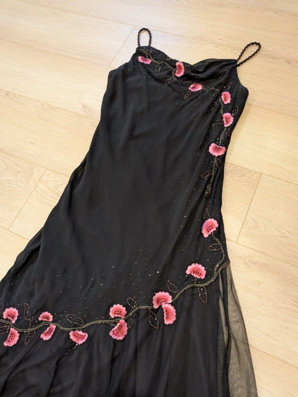 Vintage Y2K Black Mesh Asymmetrical Maxi Dress Fairycore Whimsigoth Beaded Med